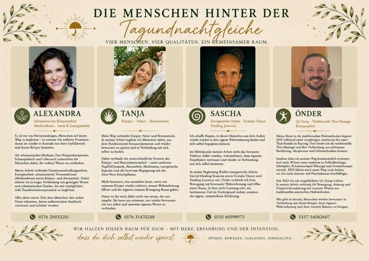 Übersicht der vier Begleiter*innen der Tagundnachtgleiche: Alexandra, Tanja, Sascha und Önder